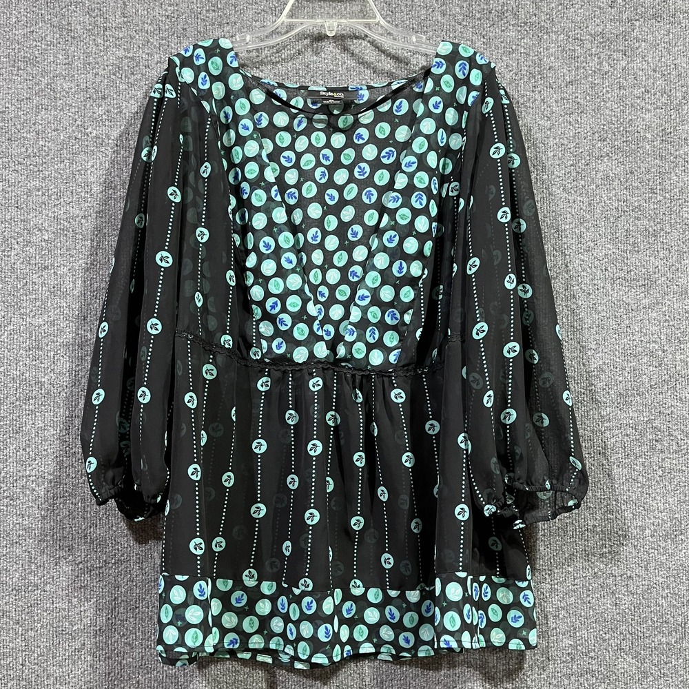 Style & Co Tunic Top Womens 18W Black Leaf Polka Dot Sheer Lace Trim Puff Sleeve